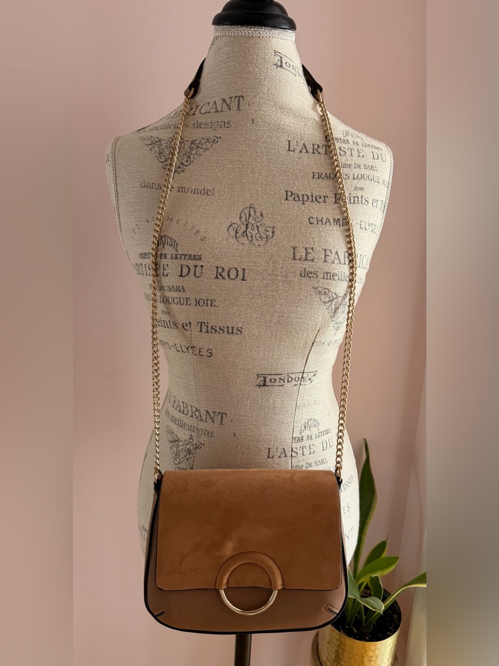 H&M Tan Suede & Leather Crossbody with Gold Chain